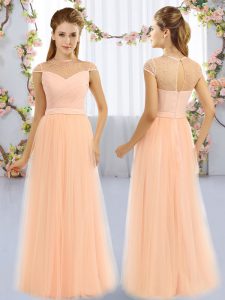 Cap Sleeves Floor Length Beading Zipper Quinceanera Court of Honor Dress with Peach