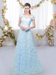 Tulle Cap Sleeves Floor Length Court Dresses for Sweet 16 and Appliques