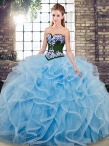 Beautiful Sleeveless Embroidery Lace Up Quinceanera Gown with Baby Blue Sweep Train