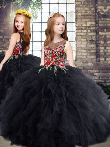 Embroidery and Ruffles Little Girls Pageant Gowns Black Zipper Sleeveless Floor Length