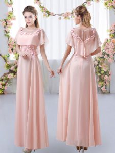 Low Price Short Sleeves Floor Length Appliques Zipper Court Dresses for Sweet 16 with Pink