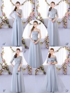 Suitable Grey Empire Appliques Dama Dress Lace Up Tulle Sleeveless Floor Length