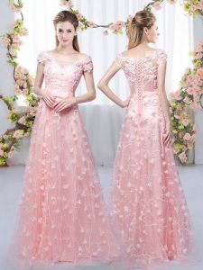 Dazzling Cap Sleeves Floor Length Appliques Lace Up Quinceanera Court Dresses with Pink
