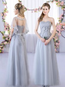 High End Empire Quinceanera Dama Dress Grey Sweetheart Tulle Sleeveless Floor Length Lace Up