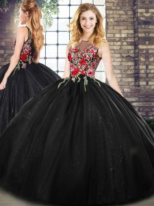 Black Zipper Quinceanera Gown Sleeveless Floor Length Embroidery