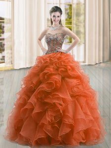 Romantic Floor Length Lace Up Vestidos de Quinceanera Rust Red for Military Ball and Sweet 16 and Quinceanera with Beading and Ruffles