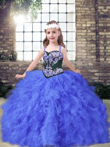 Low Price Blue Lace Up Pageant Dress Wholesale Embroidery and Ruffles Sleeveless Floor Length