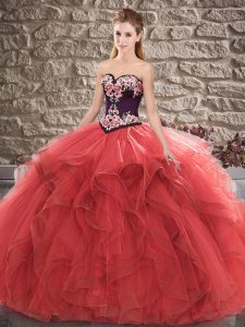 Red Ball Gowns Tulle Sweetheart Sleeveless Beading and Embroidery Floor Length Lace Up Sweet 16 Quinceanera Dress