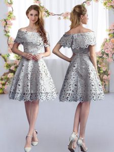 Grey Zipper Off The Shoulder Lace Court Dresses for Sweet 16 Short Sleeves