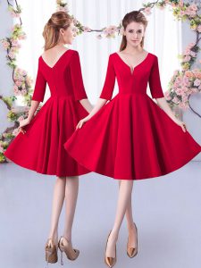 Stylish V-neck Half Sleeves Quinceanera Court Dresses Knee Length Ruching Red Satin