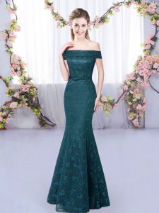 Eye-catching Peacock Green Lace Up Off The Shoulder Lace Vestidos de Damas Sleeveless