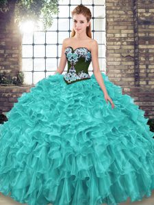 Turquoise Sweetheart Neckline Embroidery and Ruffles Ball Gown Prom Dress Sleeveless Lace Up