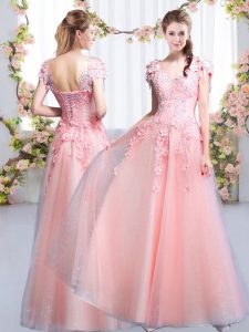 Affordable Pink Tulle Lace Up Damas Dress Cap Sleeves Floor Length Beading and Appliques