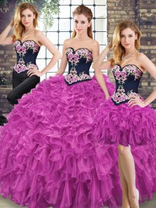 Sweet Organza Sweetheart Sleeveless Lace Up Embroidery and Ruffles Sweet 16 Quinceanera Dress in Fuchsia