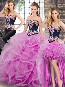 Lilac Ball Gowns Embroidery and Ruffles 15th Birthday Dress Lace Up Tulle Sleeveless