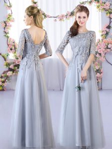 Pretty Floor Length Empire Half Sleeves Grey Vestidos de Damas Lace Up