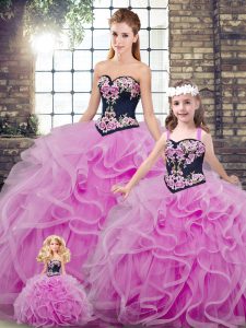 Cute Lilac Quinceanera Gowns Military Ball and Sweet 16 and Quinceanera with Embroidery and Ruffles Sweetheart Sleeveless Sweep Train Lace Up