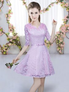Lavender Half Sleeves Belt Mini Length Dama Dress