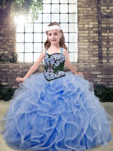 Ball Gowns Little Girl Pageant Dress Light Blue Straps Tulle Sleeveless Floor Length Lace Up