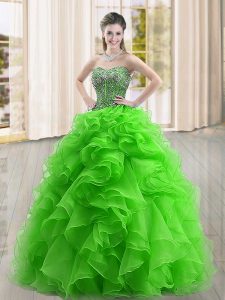 Shining Green Sweetheart Neckline Beading and Ruffles Ball Gown Prom Dress Sleeveless Lace Up