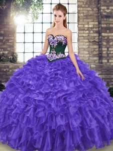 Popular Purple Sleeveless Embroidery and Ruffles Lace Up Sweet 16 Dresses