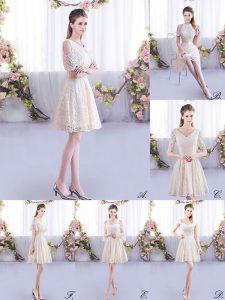 Spectacular Scoop Short Sleeves Lace Up Lace Dama Dress for Quinceanera in Champagne
