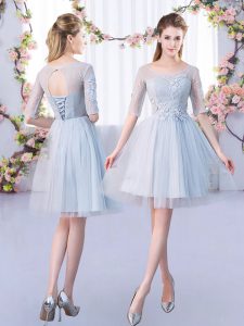 Luxurious Scoop Half Sleeves Quinceanera Court of Honor Dress Mini Length Lace Grey Tulle