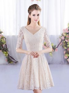 Champagne V-neck Lace Up Lace Damas Dress Half Sleeves