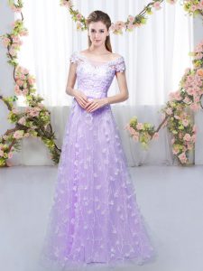 Elegant Lavender Empire Off The Shoulder Cap Sleeves Tulle Floor Length Lace Up Appliques Quinceanera Court Dresses