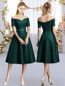 Hot Sale Belt Quinceanera Court Dresses Dark Green Short Sleeves Tea Length