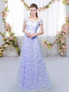 Dazzling Lavender Empire Off The Shoulder Cap Sleeves Tulle Floor Length Lace Up Appliques Damas Dress