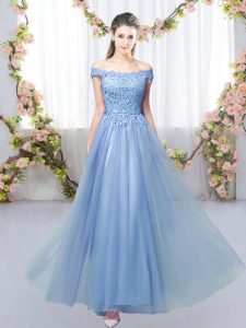 Custom Designed Blue Tulle Lace Up Off The Shoulder Sleeveless Floor Length Damas Dress Lace