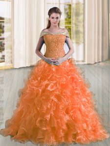 Top Selling Off The Shoulder Sleeveless Organza Quinceanera Dresses Beading and Lace and Ruffles Sweep Train Lace Up