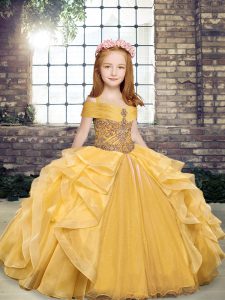 Graceful Gold Sleeveless Floor Length Beading and Ruffles Lace Up Kids Pageant Dress