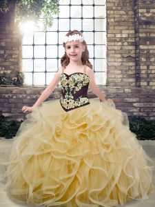 Tulle Sleeveless Floor Length Pageant Dress for Teens and Embroidery and Ruffles