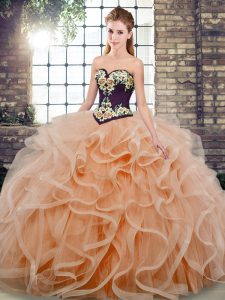 Captivating Peach Ball Gowns Embroidery and Ruffles Quinceanera Gown Lace Up Tulle Sleeveless