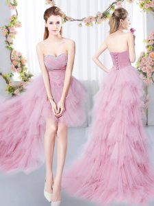 Stunning High Low Lace Up Dama Dress for Quinceanera Pink for Prom and Party and Wedding Party with Beading and Ruffles