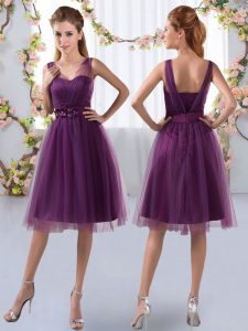 Purple Tulle Zipper V-neck Sleeveless Knee Length Vestidos de Damas Appliques