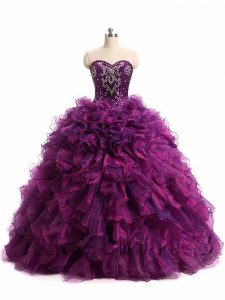 Sleeveless Floor Length Beading and Ruffles Lace Up Ball Gown Prom Dress with Purple