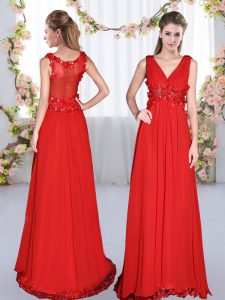 Attractive Red Side Zipper Quinceanera Court of Honor Dress Beading and Appliques Sleeveless Floor Length