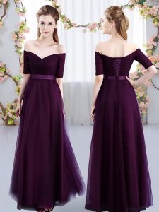 New Arrival Dark Purple Short Sleeves Floor Length Ruching Lace Up Dama Dress