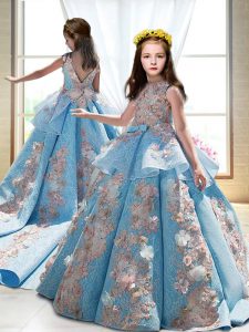 Blue Little Girl Pageant Gowns High-neck Sleeveless Court Train Backless