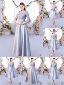 Smart 3 4 Length Sleeve Floor Length Lace Lace Up Quinceanera Court of Honor Dress with Silver