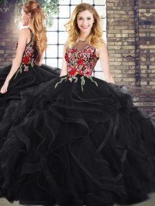 Luxurious Scoop Sleeveless Zipper Embroidery and Ruffles Quinceanera Dress in Black