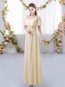 High Quality Appliques Quinceanera Court of Honor Dress Light Yellow Zipper Short Sleeves Floor Length