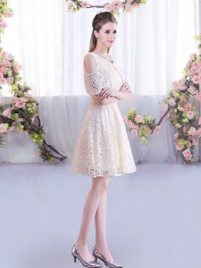 Superior Lace Dama Dress for Quinceanera Champagne Lace Up Short Sleeves Mini Length