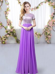 Sweet Purple Chiffon Zipper Quinceanera Court of Honor Dress Short Sleeves Floor Length Sequins