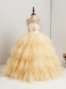 Gold Ball Gowns Tulle Scoop Sleeveless Beading and Ruffles Floor Length Zipper Little Girls Pageant Dress