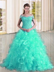 Turquoise Off The Shoulder Lace Up Beading and Lace and Ruffles Sweet 16 Dress Sweep Train Sleeveless