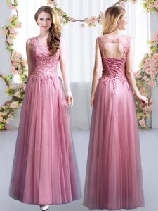 Floor Length Empire Sleeveless Pink Dama Dress for Quinceanera Lace Up